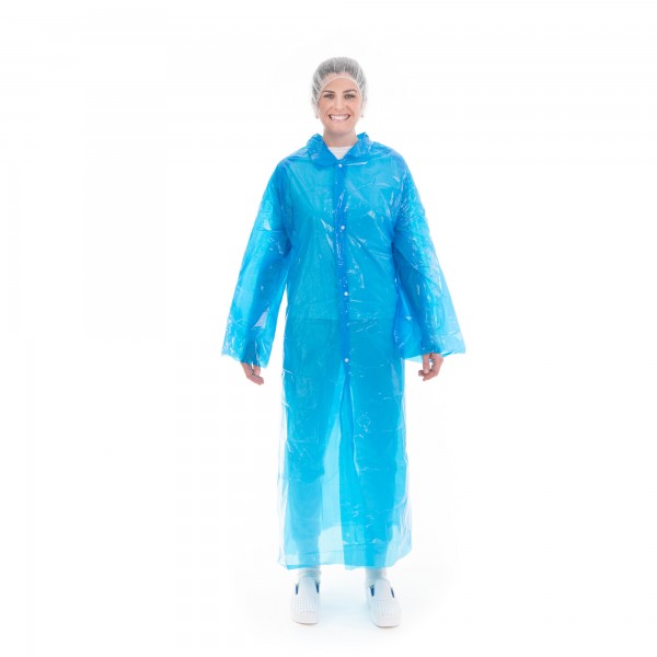 100 pz Camici monouso in LDPE 75x140 cm, azzurro, bottoni